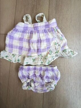 Angel Dear Lilac Plaid Dress with Floral Trim & Matching Diaper Cover